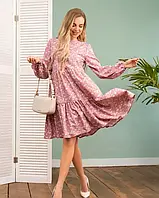 Розовое цветочное платье-трапеция с воланами , Софт, Повседневный