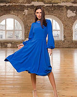 Синее расклешенное платье с длинными рукавами, Софт, Повседневный