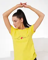 Желтая хлопковая футболка с надписями, Коттон, Повседневный