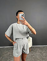 Жіночий костюм на літо в класичному діловому стилі футболки і шорти з тканини віскоза+костюмка в смужку Меланж, 42/44