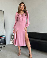Розовое приталенное платье с разрезами, Креп, Повседневный