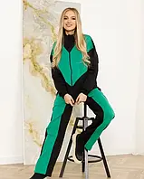 Зелено-черный утепленный костюм со свободными штанами, Трикотаж на флисе, Спортивный
