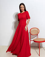 Красное длинное платье с расклешенным низом, Креп, Повседневный