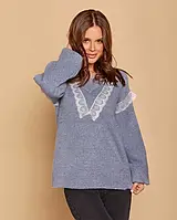 Сиреневый шерстяной пуловер с кружевом, Шерсть/люрекс, Повседневный