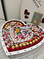 Мега набор со сладостями киндер и розами, Сладкое сердце для девушки, Отличный подарок девушке на др Наполнение №1066