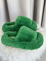 Жіночі зелені домашні капці теплі з м'яким еко хутром і відкритим носком для дому