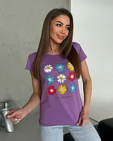 Сиреневая хлопковая футболка с цветным цветочным рисунком, Коттон, Повседневный