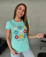 Мятная хлопковая футболка с цветным цветочным рисунком, Коттон, Повседневный