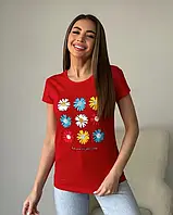 Красная хлопковая футболка с цветным цветочным рисунком, Коттон, Повседневный