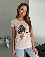 Розовая хлопковая футболка с ярким рисунком, Коттон, Повседневный