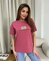 Темно-розовая трикотажная футболка с рисунком и надписью, Коттон, Повседневный