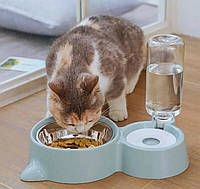 Миска с поилкой для кошек двойная из пластика и металла с принтом ушек,миска для животных с поильником зеленая