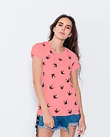Розовая футболка из трикотажа с птичьим принтом, Коттон, Повседневный