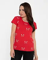 Красная трикотажная футболка с кошачьим принтом, Коттон, Повседневный