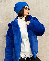 Синяя куртка из искусственного меха с капюшоном, Эко-мех, Повседневный