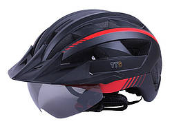 Шолом велосипедний GTS-H-050 TTG з червоним габаритним ліхтарем, козирком, окулярами (чорний з червоним, size L)