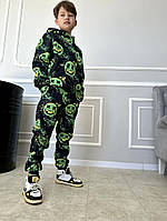 Черно-зеленый детский теплый спортивный костюм на флисе, хороший костюм для ребенка, демисезонный костюм.