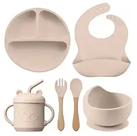 Детская силиконовая посуда: тарелка, слюнявчик, тарелка для супа, ложка, вилка, поильник /на присосках Бежевая