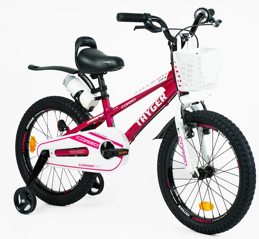 Дитячий алюмінієвий велосипед 18 дюймів CORSO TG-21702 "TAYGER" з ручним гальмом та пляшечкою, для дівчинки