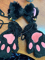 Перчатки-митенки кошачьи лапки без пальцев и обруч на голову с ушками, женский набор с ушками кота код 28