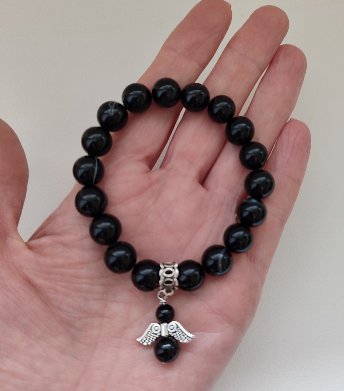 Браслет Чорний агат із ангелом