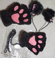 Набір котячий обідок Вушки та Рукавички чорні, карнавальний костюм, ошатний кіт, аніме, косплей код 6333