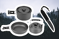 Тактический набор посуды для полевых условий 5в1 Каструля Чайник Сковородка Нож + Чехол PokupOnline