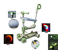 Детский самокат - трансформер 6 в 1 с бортиком и подсветкой Smart музыка боковые колеса фонарик зеленый