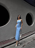 Платье женское, макси, голубое с белыми полосками, приталенная, на шлейках