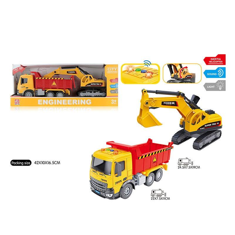 RJ 3369 Спецтехніка екскаватор + завантажувач, підсвітка, звук, інерція, масштаб 1:18, у коробці
