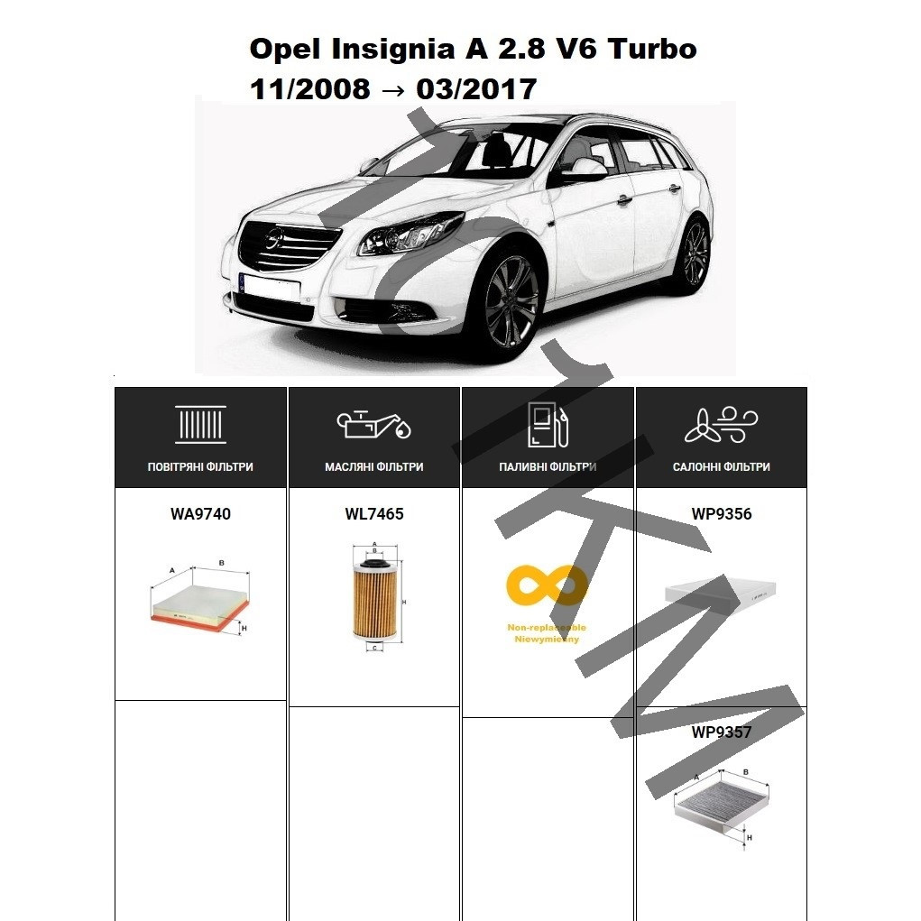 Комплект фільтрів Opel Insignia A 2.8 V6 Turbo (2008-2017) WIX