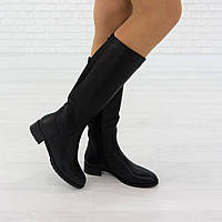 Женские сапоги 36 размер из натуральной кожи на байке Woman's heel черные на низком каблуке