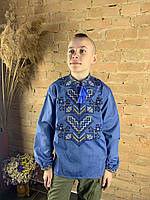 Подростковая вышиванка для мальчика на домотканом полотне на длинный рукав 152 см(40)