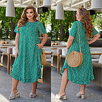 Женское бирюзовое летнее платье свободного кроя в горошек батал с 50 по 64 размер