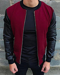 Бомбер чоловічий зі шкіряними рукавами as осіння весняна куртка чоловіча бордова