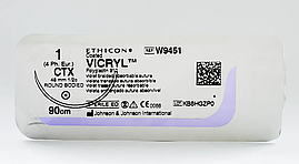 Хірургічна нитка Ethicon Вікрил (Vicryl) 1, довжина 90 см, кільк. голка 48 мм, W9451