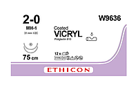 Хірургічна нитка Ethicon Вікрил (Vicryl) 2/0, довжина 75см, 2 кільк. голки 31мм W9636