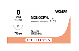 Хірургічна нитка Ethicon Монокрил (Monocryl) 0, довжина 70 см, кільк. голка 36 мм, W3489