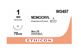 Хірургічна нитка Ethicon Монокрил (Monocryl) 1, довжина 70 см, кільк. голка 36 мм, W3457