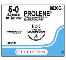 Хірургічна нитка Ethicon Пролен (Prolene) 5/0, довжина 45 см, реж. голка 19 мм, 8630G (W8010T)
