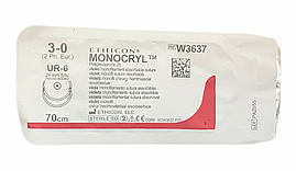 Хірургічна нитка Ethicon Монокрил (Monocryl) 3/0, довжина 70 см, 2 кільк. голки 27 мм, W3637