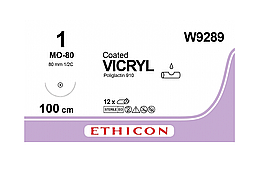 Хірургічна нитка Ethicon Вікрил (Vicryl) 1, довжина 100 см, кільк. голка 80 мм, W9289