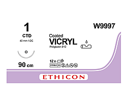 Хірургічна нитка Ethicon Вікрил (Vicryl) 1, довжина 90 см, колюча тупокінцева голка 40 мм, W9997