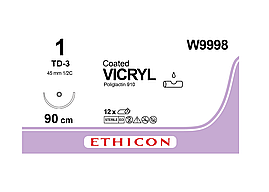 Хірургічна нитка Ethicon Вікрил (Vicryl) 1, довжина 90 см, колюча тупокінцева голка 45 мм, W9998