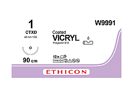 Хірургічна нитка Ethicon Вікрил (Vicryl) 1, довжина 90 см, колюча тупокінцева голка 48 мм, W9998