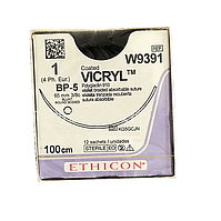Хірургічна нитка Ethicon Вікрил (Vicryl) 1, довжина 100 см, колюча тупокінцева голка 65 мм, W9391
