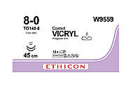 Хирургическая нить Ethicon Викрил (Vicryl) 8/0, длина 45 см, 2 шпательные иглы 6,5 мм, W9559