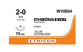 Хірургічна нитка Ethicon Етибонд Ексель (Ethibond Excel) 2/0, PTFE 10 шт по 75 см, 2 кільк. голки 17 мм W10B54