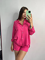 Женский льняной костюм-двойка рубашка шорты размер XS-S, летний легкий костюм розовый, костюм льяной женский