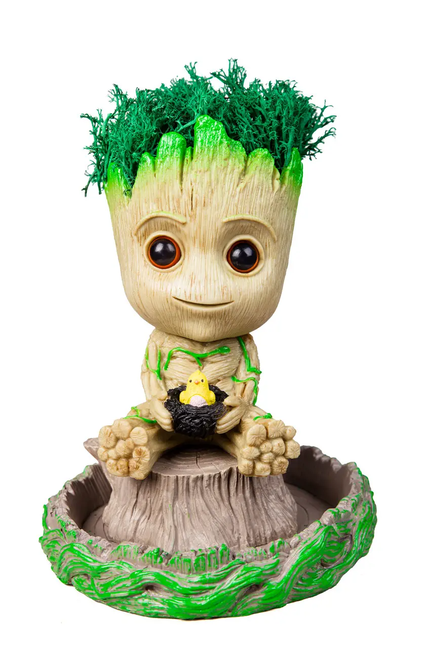 Горщик кашпо для квітів та канцелярії Грут Groot G9 Малюк з пташеням та підставкою пень, фото 1